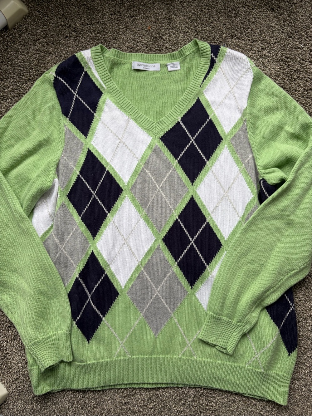Liz Claiborne Lime Green Argyle V-Neck Sweater